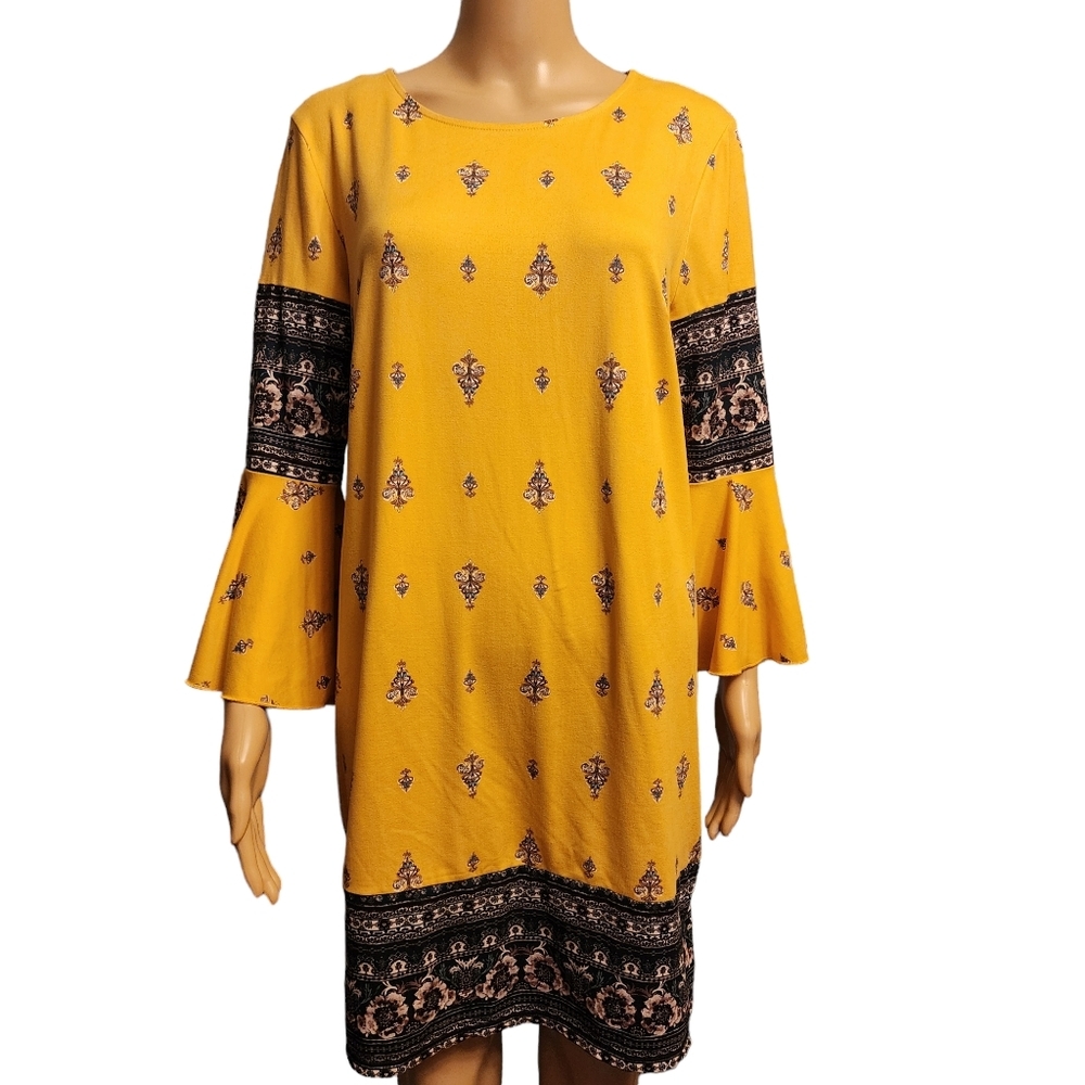 Gold Bell Sleeve Stretchy Shift Dress Size M